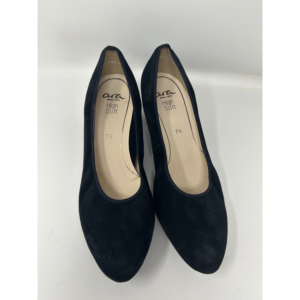 Ara High Soft Black Suede Block Heel Pumps Round Toe Womens Size 7.5 Shoes